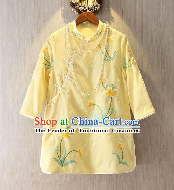 Chinese Traditional National Costume Cheongsam Blouse Tangsuit Embroidered Yellow Qipao Shirts for Women