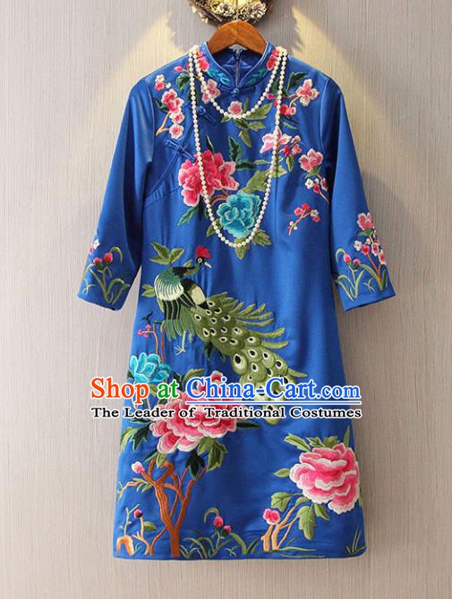 Chinese Traditional National Costume Blue Cheongsam Tangsuit Embroidered Peacock Dress for Women