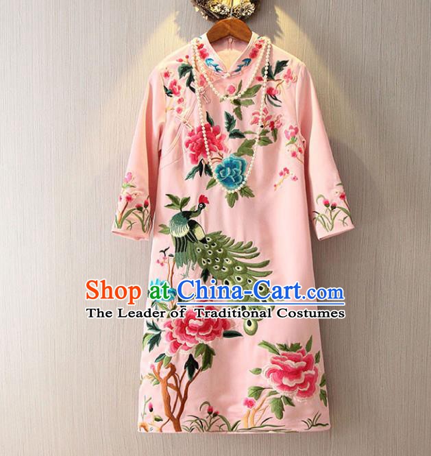 Chinese Traditional National Costume Pink Cheongsam Tangsuit Embroidered Peacock Dress for Women
