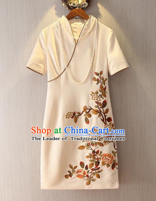 Chinese Traditional National Cheongsam Costume Embroidered Tangsuit Beige Dress for Women