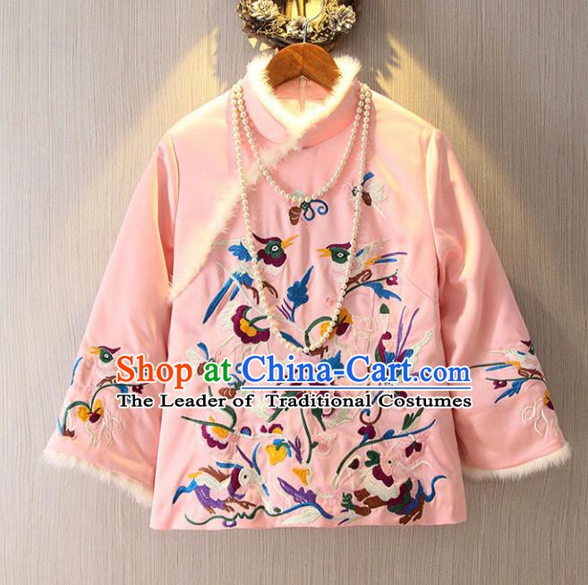 Chinese Traditional National Cheongsam Upper Outer Garment Tangsuit Embroidered Pink Cotton-padded Jacket for Women