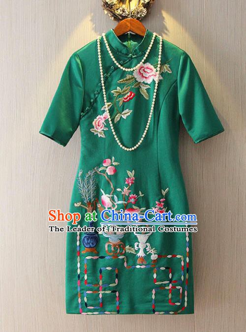 Chinese Traditional National Costume Green Cheongsam Tangsuit Embroidered Qipao Dress for Women