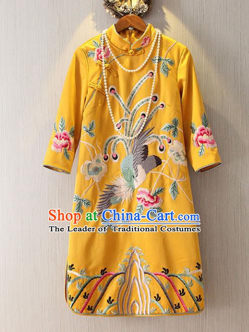 Chinese Traditional National Costume Yellow Cheongsam Tangsuit Embroidered Qipao Dress for Women