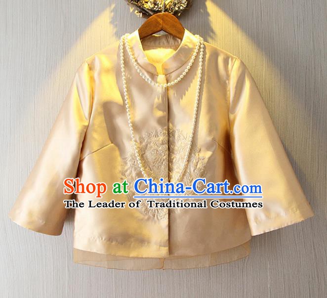 Chinese Traditional National Costume Cheongsam Golden Shirts Tangsuit Embroidered Blouse for Women