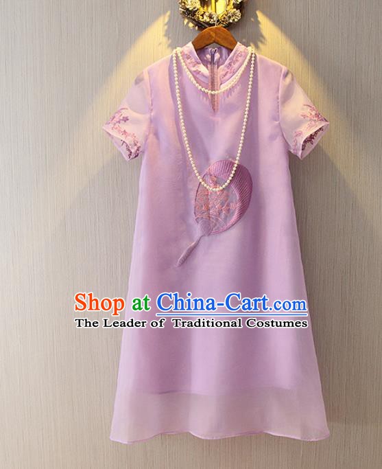 Chinese Traditional National Costume Cheongsam Dress Tangsuit Embroidered Purple Qipao for Women