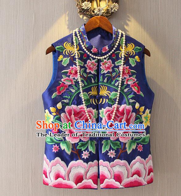 Chinese Traditional National Cheongsam Blue Vest Tangsuit Embroidered Peony Waistcoat for Women