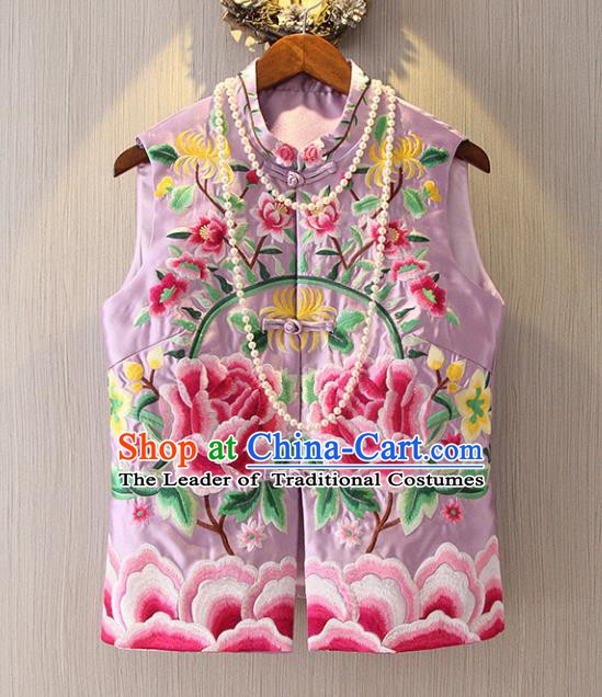 Chinese Traditional National Cheongsam Lilac Vest Tangsuit Embroidered Peony Waistcoat for Women