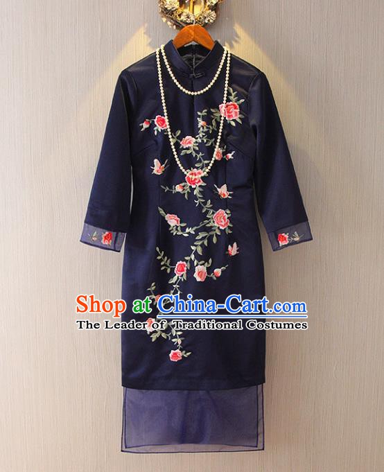 Chinese Traditional National Costume Tangsuit Embroidered Navy Cheongsam Dress for Women