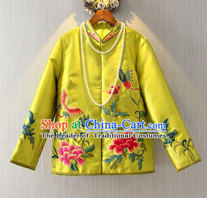 Chinese Traditional National Costume Stand Collar Cheongsam Blouse Tangsuit Embroidered Yellow Shirts for Women