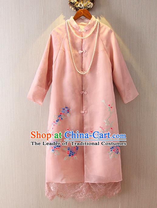 Chinese Traditional National Costume Pink Coats Tangsuit Embroidered Cheongsam Dust Coat for Women