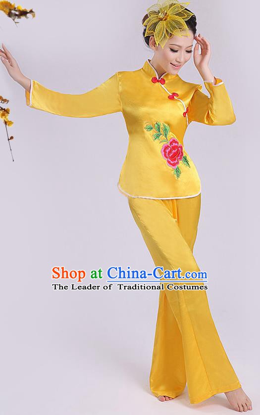 Chinese Traditional Fan Dance Costume, China Folk Dance Yellow Uniform Yangko Clothing for Women