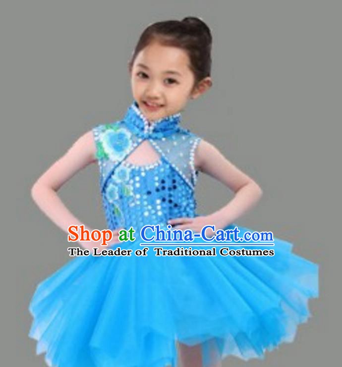 Chinese Classical Stage Performance Dance Costume, Children Chorus Modern Dance Blue Dress for Kids
