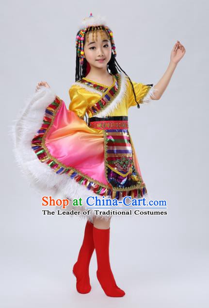 Traditional Chinese Mongol Nationality Dance Costume, Mongols Children Folk Dance Ethnic Pleated Skirt for Kids