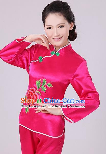 Chinese Traditional Fan Dance Costume, China Folk Dance Rosy Uniform Yangko Clothing for Women