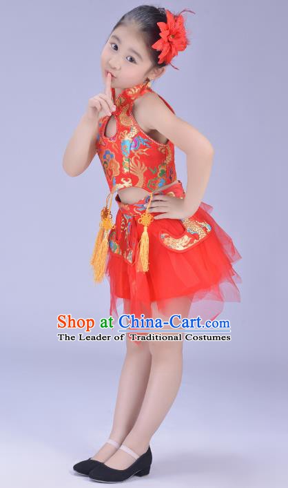 Chinese Classical Stage Performance Dance Costume, Children Yangko Dance Red Bubble Dress for Kids