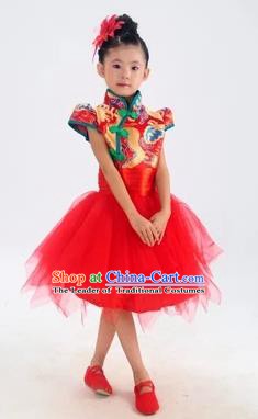 Chinese Classical Stage Performance Classical Dance Costume, Children Yangko Dance Red Bubble Dress for Kids