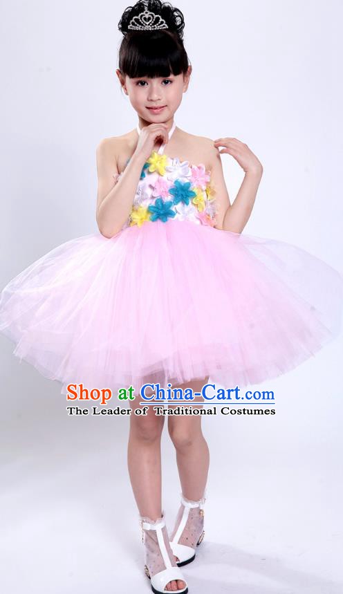 Chinese Classical Stage Performance Modern Dance Costume, Children Dance Pink Bubble Dress for Kids