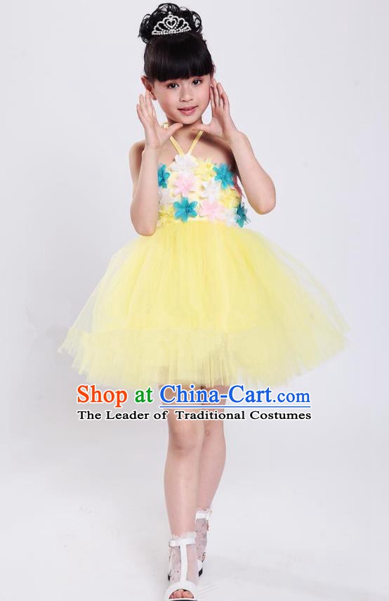 Chinese Classical Stage Performance Modern Dance Costume, Children Dance Yellow Bubble Dress for Kids