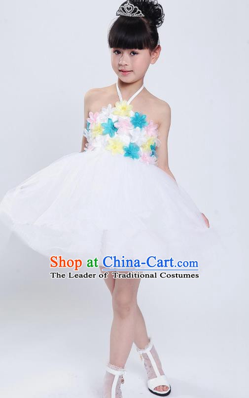 Chinese Classical Stage Performance Modern Dance Costume, Children Dance White Bubble Dress for Kids