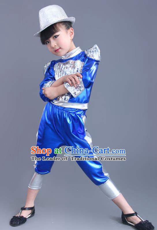 Chinese Classical Stage Performance Jazz Dance Blue Costume, Children Modern Dance Clothing for Kids