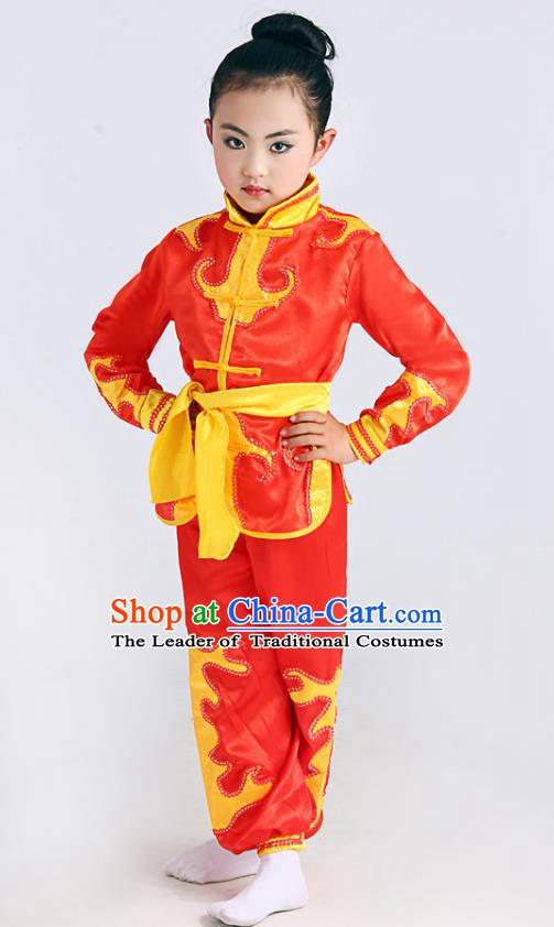 Traditional Chinese Martial Arts Costume, Folk Dance Waist Drum Dance Red Uniform Yangko Clothing for Kids