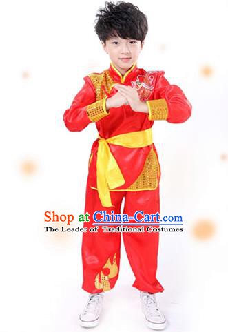 Traditional Chinese Yangge Dance Costume, Folk Dance Lion Dance Red Uniform Yangko Clothing for Kids