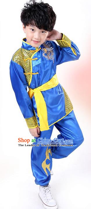 Traditional Chinese Yangge Dance Costume, Folk Dance Lion Dance Blue Uniform Yangko Clothing for Kids