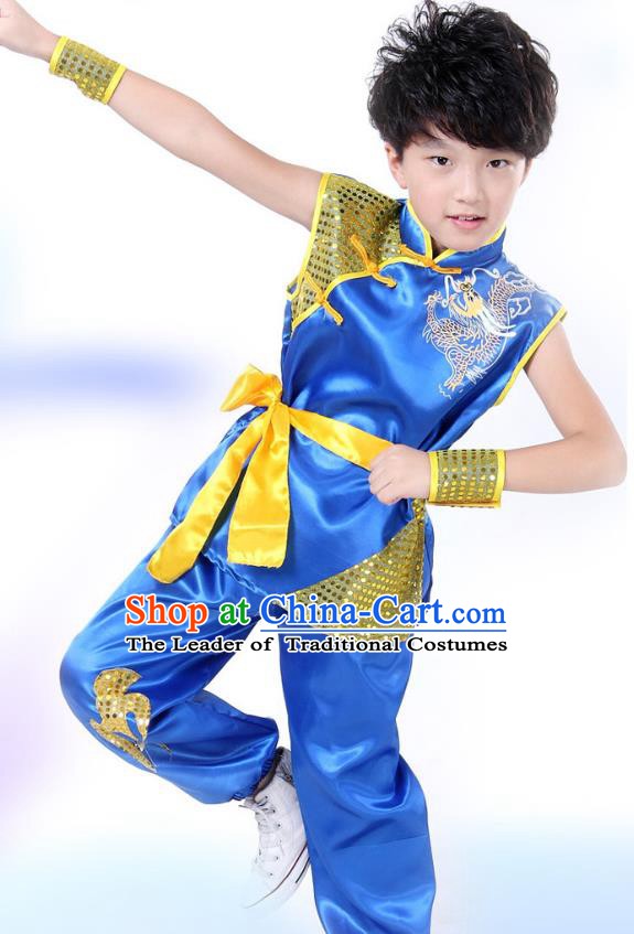Traditional Chinese Yangge Dance Costume, Folk Dance Lion Dance Short Sleeve Blue Uniform Yangko Clothing for Kids