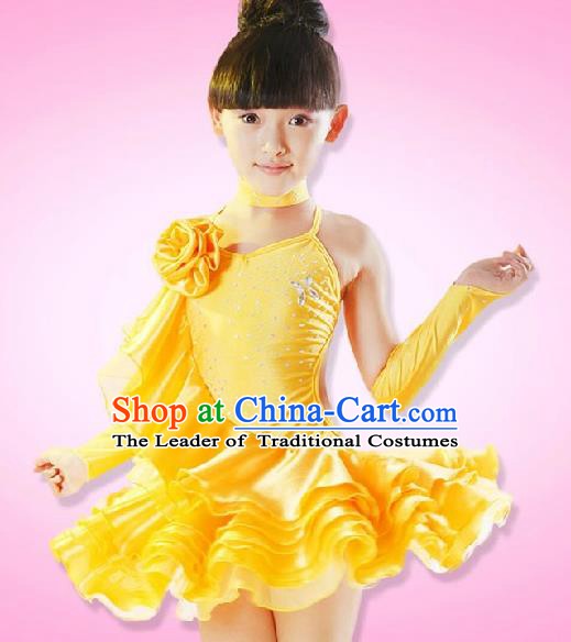 Top Grade Children Stage Performance Costume, Professional Latin Dance Yellow Dress for Kids