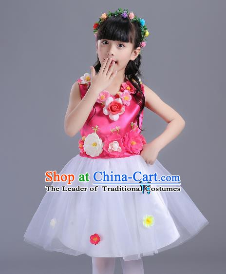 Top Grade Flower Faerie Modern Dance Costume, Children Chorus Singing Group Dance Pink Dress for Kids