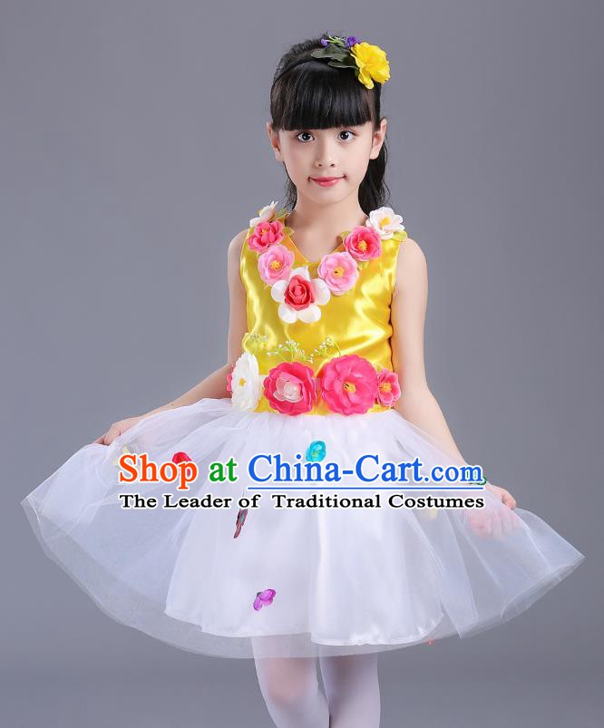 Top Grade Flower Faerie Modern Dance Costume, Children Chorus Singing Group Dance Yellow Dress for Kids