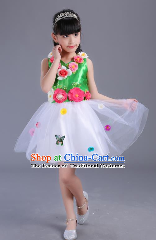 Top Grade Flower Faerie Modern Dance Costume, Children Chorus Singing Group Dance Green Dress for Kids