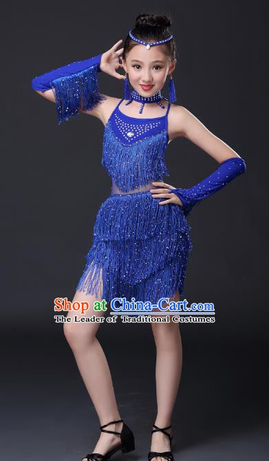 Top Grade Stage Performance Jazz Dance Costume, Professional Modern Dance Blue Tassel Uniforms for Kids