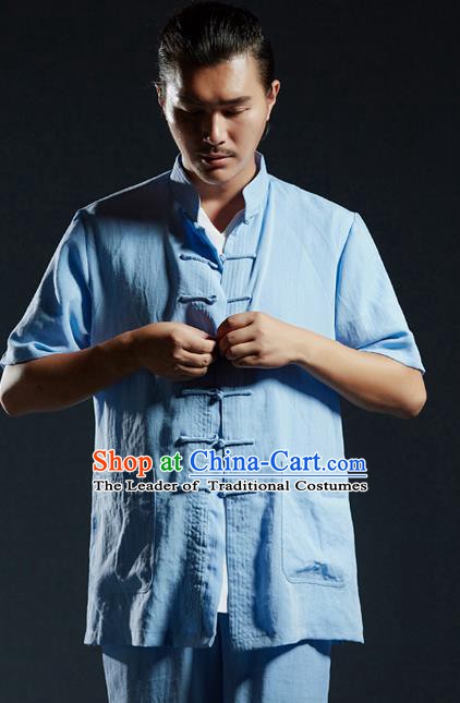 Chinese Kung Fu Costume Martial Arts Plated Buttons Blue Shirts Gongfu Wushu Tang SuitsTai Chi Clothing for Men