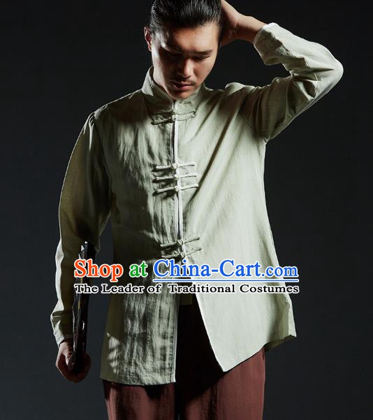 Chinese Kung Fu Costume Plated Buttons Green Linen Shirts Martial Arts Gongfu Wushu Tang SuitsTai Chi Clothing for Men