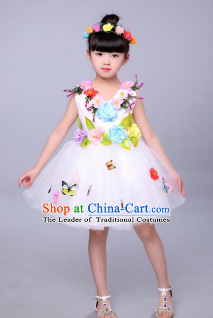Top Grade Stage Performance Flowers Dance Costume, Professional Modern Dance White Dress for Kids