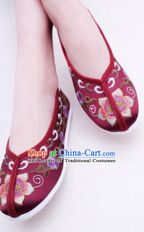 Chinese Traditional Handmade Embroidery Shoes Purplish Red Embroidered Shoes for Women