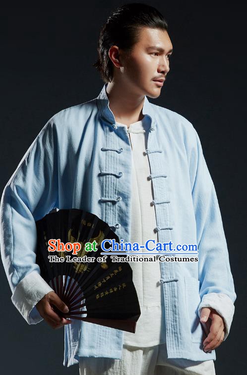 Chinese Kung Fu Martial Arts Gongfu Costume Blue Tang Suits Coats Wushu Tai Chi Clothing for Men