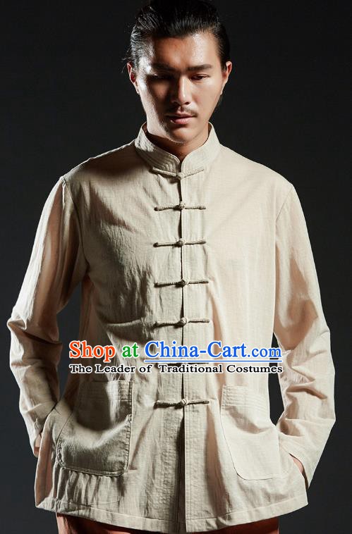 Chinese Kung Fu Shirts Martial Arts Khaki Linen Jacket Gongfu Costume Wushu Tai Chi Clothing for Men