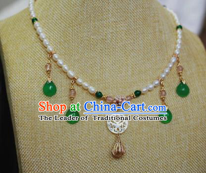 Traditional Chinese Ancient Handmade Pearls Necklet Hanfu Green Jade Necklace for Women