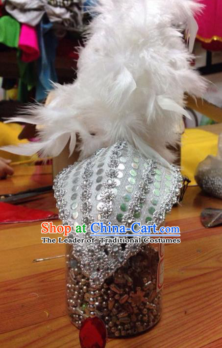 Chinese Traditional Folk Dance Hair Accessories Yangko White Feather Headwear for Women