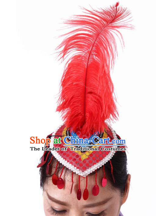 Chinese Traditional Folk Dance Hair Accessories Yangko Red Feather Hats Headwear for Women