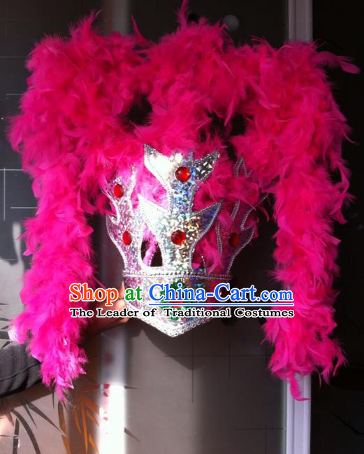 Traditional Samba Dance Hair Accessories Brazilian Carnival Rosy Feather Headdress Headwear for Women