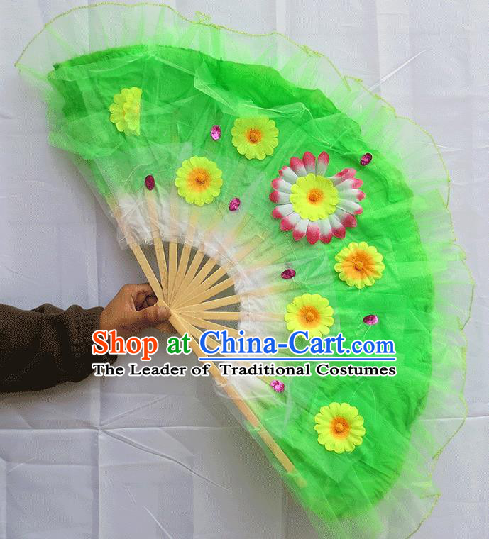 Chinese Traditional Folk Dance Folding Fans Classical Yangko Dance Green Silk Fans for Women
