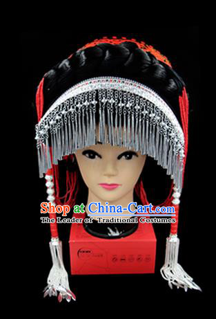 Chinese Traditional Yi Nationality Hair Accessories Yi Ethnic Minority Tassel Red Hats Headwear for Women