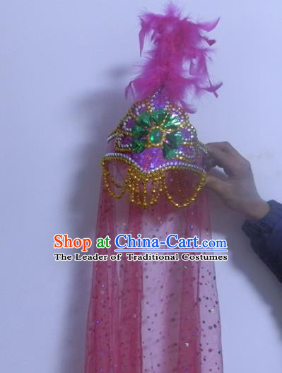Chinese Traditional Folk Dance Hair Accessories Uyghur Nationality Dance Headwear Pink Feather Hats for Women
