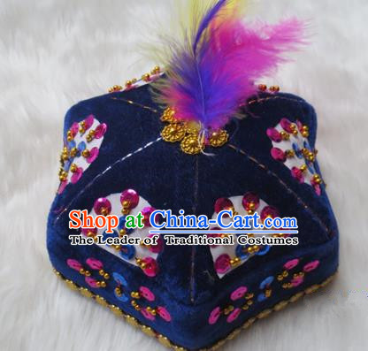 Chinese Traditional Folk Dance Hair Accessories Uyghur Nationality Dance Headwear Blue Hats for Men