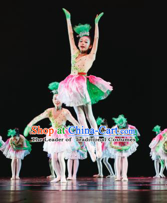 Traditional Chinese Folk Dance Lotus Dance Costume, Children Classical Dance Dress Clothing for Kids
