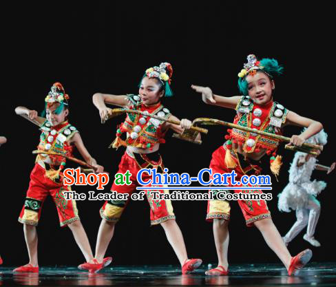 Traditional Chinese Minority Folk Dance Costume, Children Classical Dance Ethnic Dress Clothing for Kids
