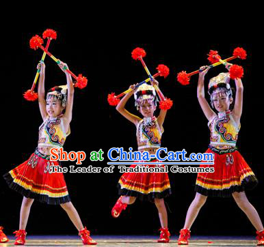 Chinese Traditional Folk Dance Ethnic Costume, Children Yi National Minority Classical Dance Clothing for Kids